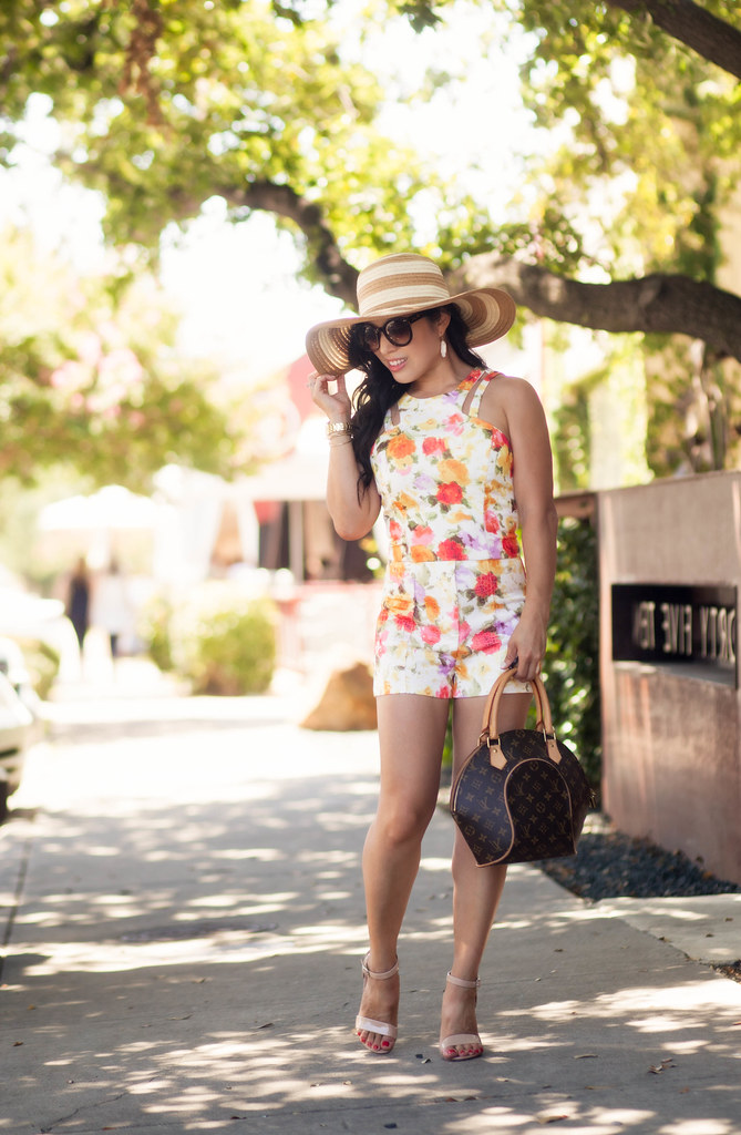 cute & little blog | petite fashion | poppy floral crop top shorts set, louis vuitton ellipse, steve madden nude sandals | spring summer outfit