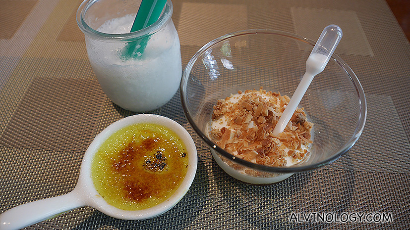 (clockwise from left) coconut shake; banana sago gula melaka concoction topped with coconut cream, cookie bits and coconut flakes; and  pandan creme brulee - all are excellent stuff