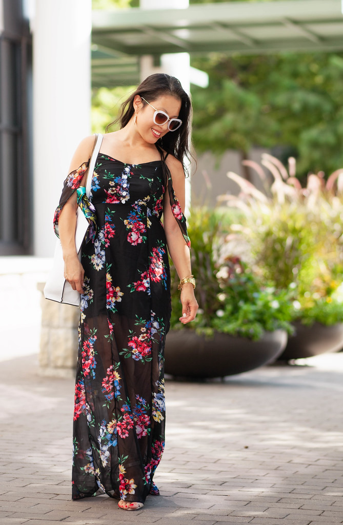 cute & little blog | petite fashion | black floral off-shoulder maxi dress, white tote | summer outfit