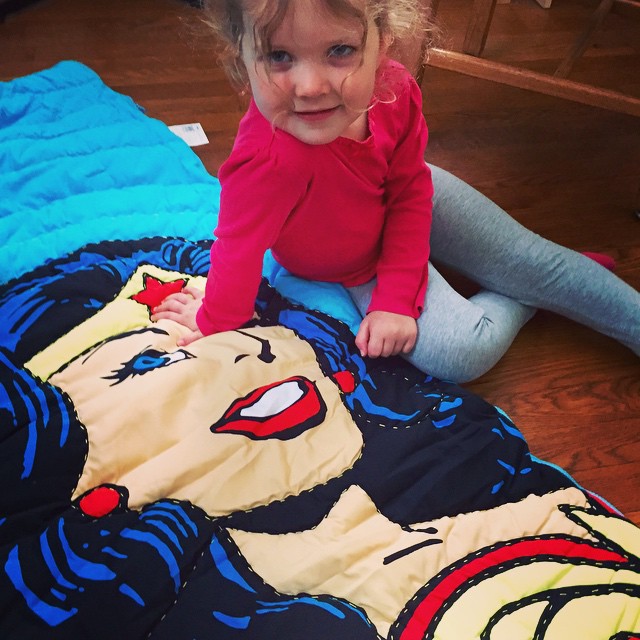 So excited about her new sleeping bag! #wonderwoman