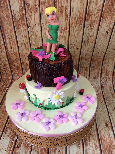 Tinkerbell Themed Cake with Tinkerbell Topper by Jess' Baked.