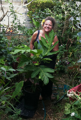 A breadfruit tree owner poses in her home garden with ornamental plants