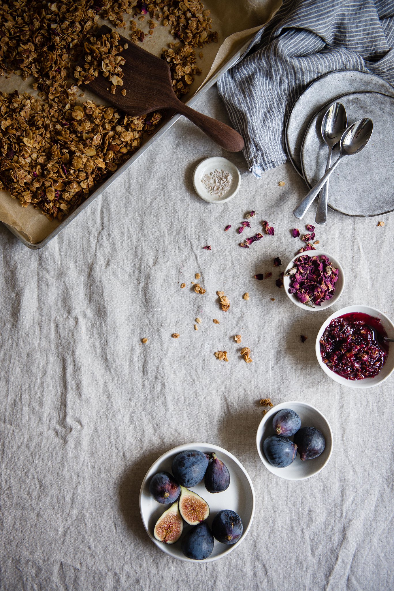 fig, rose & almond granola parfaits | two red bowls