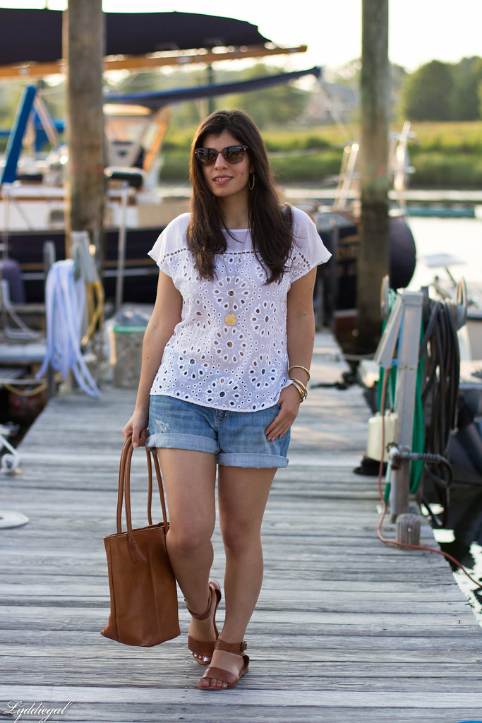 eyelet lace top, denim shorts, brown leather tote-1.jpg