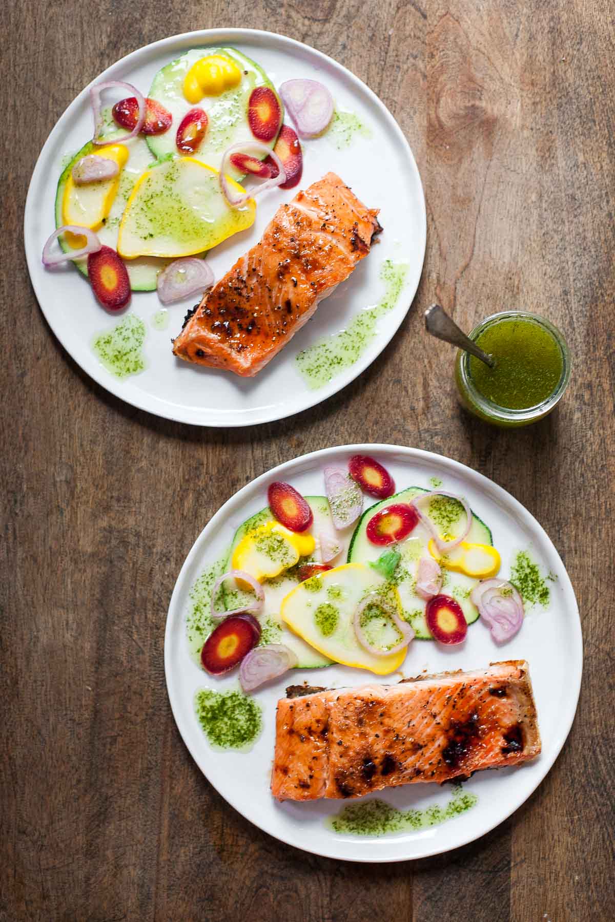 Caramelized Salmon with Basil Chile Oil and Pickled Vegetables #30MinuteMondays | acalculatedwhisk.com 