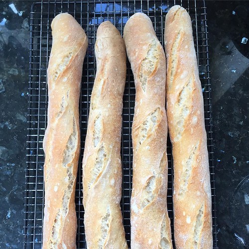 The final birthday baguettes - slashing got a bit better (left to right). Good flavour though.