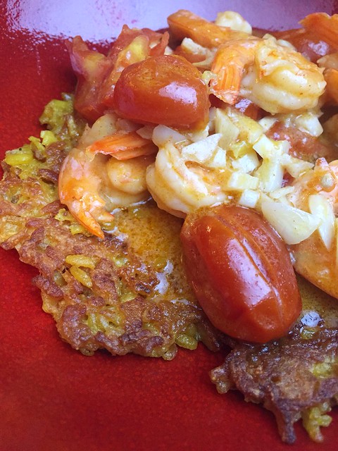 Shrimp Paprika on crispy rice pancake.