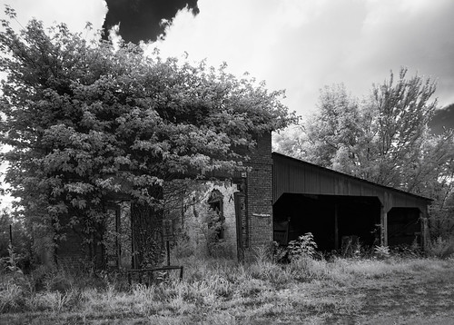 monochrome shadows fadedsign overgrowth clouds grass infrared trees masonry crumbling opendoorway noroof blackandwhite weathered rust cloudsstormssunsetssunrises