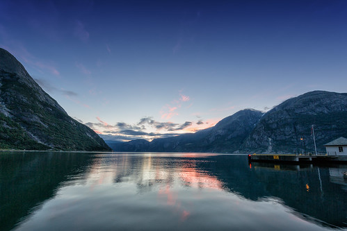 fjord still eidfjord landscape nopeople pier water reflection sunset norway scenery mountain hordaland no