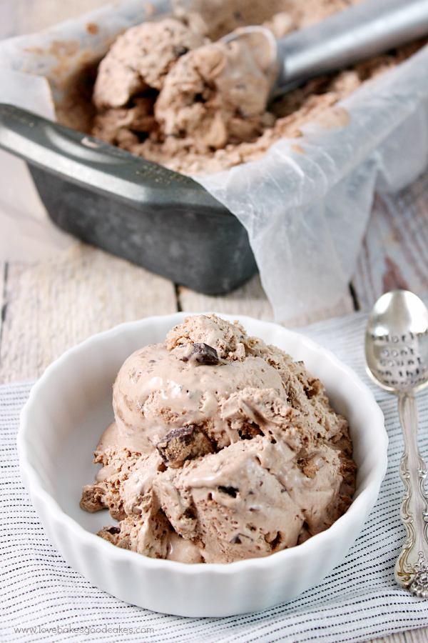 Chocolate Cake Batter Ice Cream with Chocolate Chunks in a metal pan with a scoop, and in a white bowl.
