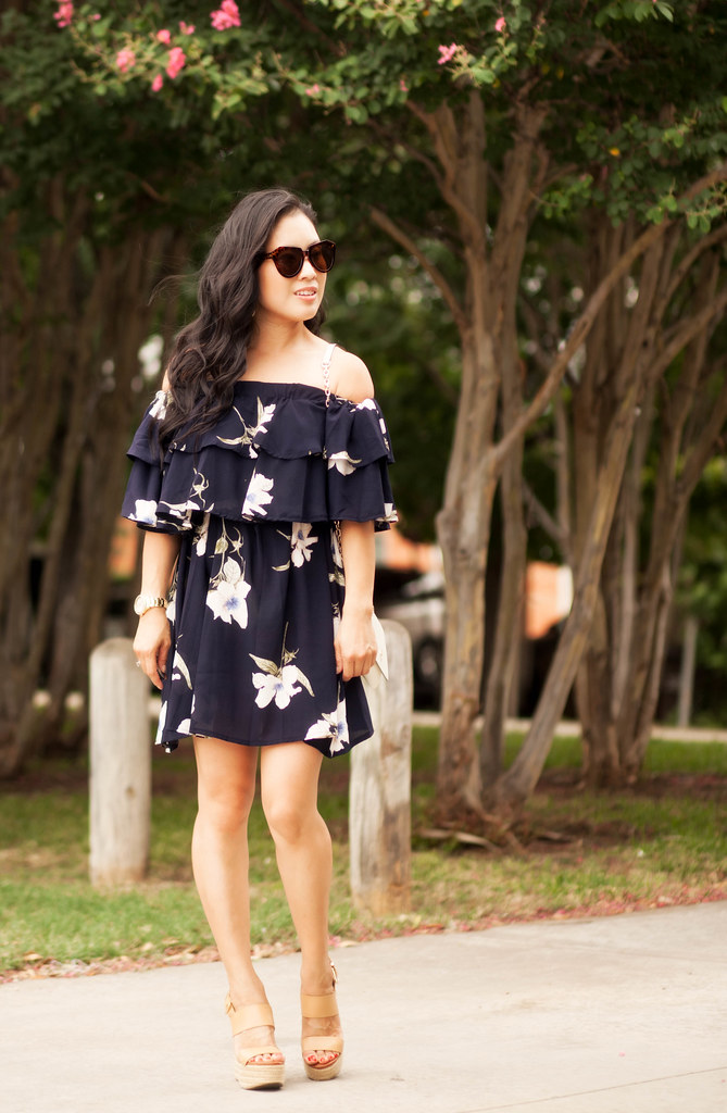 cute & little blog | petite fashion | navy off shoulder floral dress | summer outfit