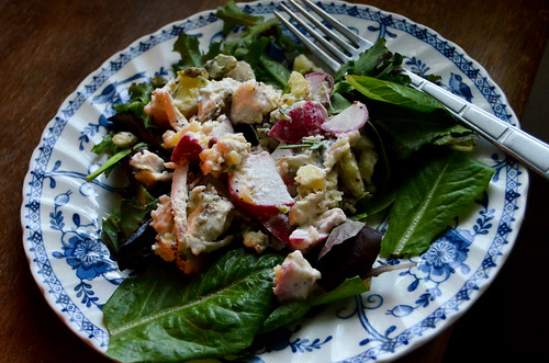 Hearty Chicken Salad with New Potatoes, Pickled Rhubarb & Goat Cheese