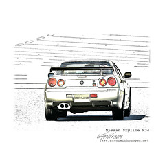 Nissan Skyline R34 Pencildrawing by www.autozeichnungen.net - Prints of your Car on request
