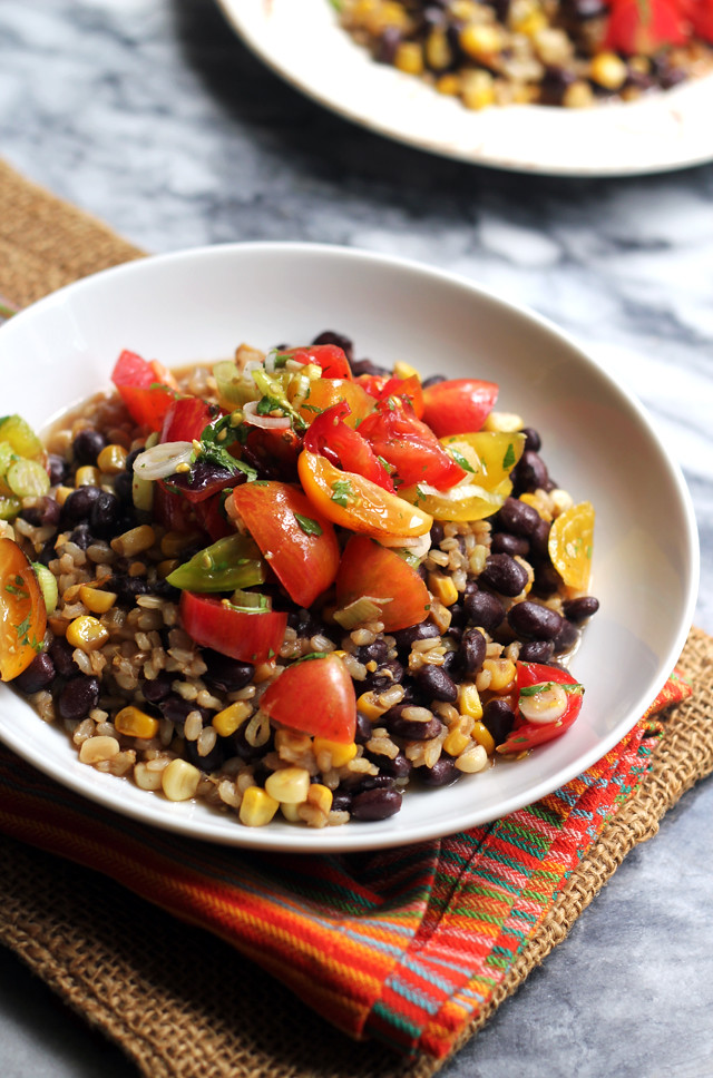 Rice Cooker Brown Rice with Black Beans, Tomatoes and Corn