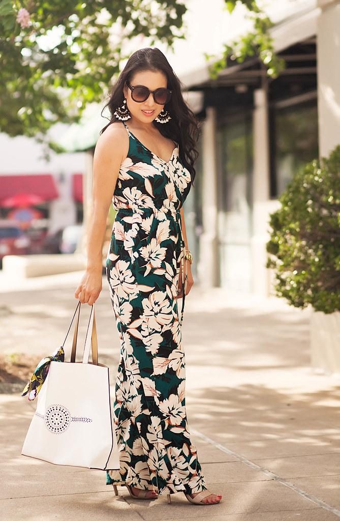 cute & little blog | petite fashion | watercolor floral surplice jumpsuit, chandelier statement earrings, white tote | spring summer outfit