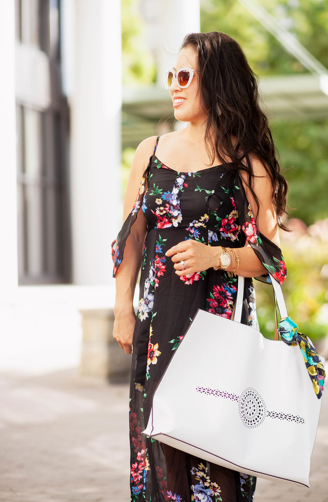 cute & little blog | petite fashion | black floral off-shoulder maxi dress, white tote | summer outfit