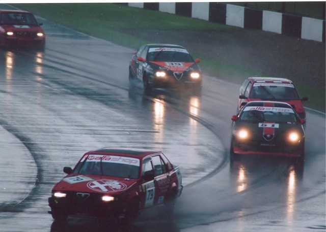 This might appear like night racing – in fact it was in fact a very wet day at Donington in 2009. The track was flooded and racing abandoned after qualifying.  Lights ablaze, Dave Messenger leads the way from Roger Evans.