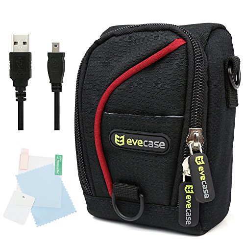 EveCase Black Case with Red Strip + USB Cable + Screen Protector for Nikon COOLPIX S9500 S9400 S9300 S9200 S9100 S8200 S8100 S8000 S6400 S6300 S6200 S3700 S3500 S2700 S800c P330 P300 P310 AW100 S1200pj S100