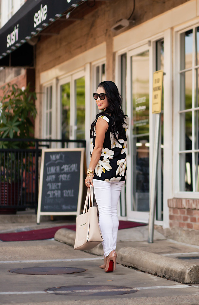 cute & little blog | black floral sleeveless top, white distressed jeans, nude tote, louboutin so kate pumps | spring summer outfit