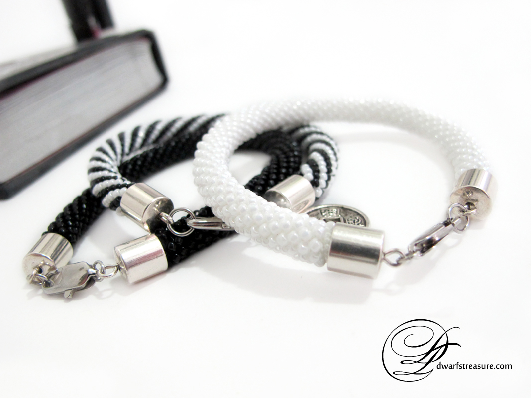 Graceful white and black crochet beadwork rope bracelets 