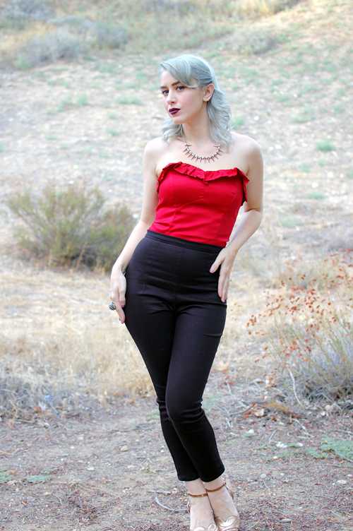 Pinup Girl Clothing Black Cigarette Pants Dixiefried Bustier Top in Red