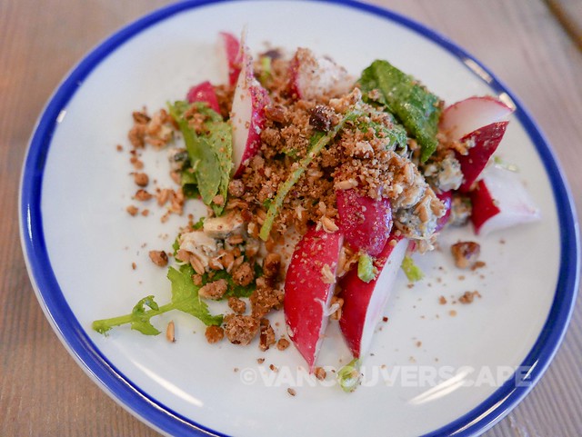 Radish, country blue, pecan streusel, sprouted grains