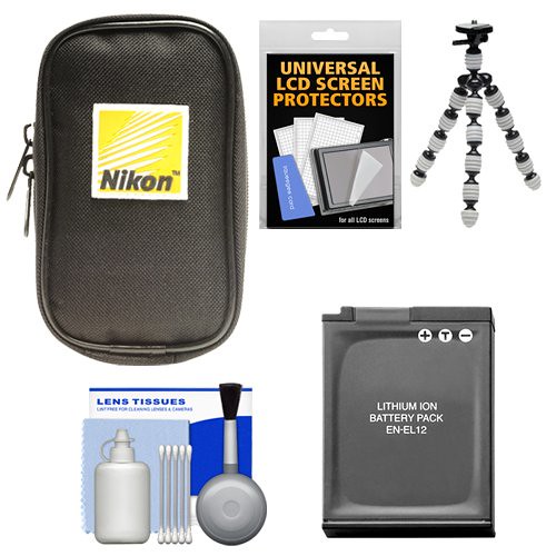 Nikon Coolpix Nylon Digital Camera Carrying Case with EN-EL12 Battery + Flex Tripod + Accessory Kit for AW110, AW120, P330, P340, S800c, S9500 &amp; S9700