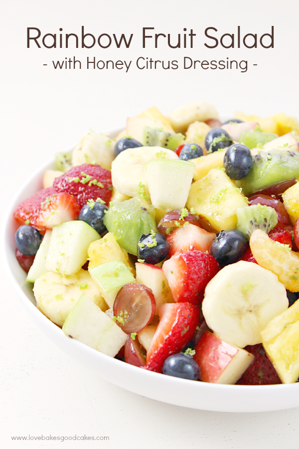 Rainbow Fruit Salad with Honey Citrus Dressing in a bowl.