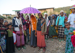 Oromo woman veiled during her wedding celebration with her husband and relatives, Amhara region, Artuma, Ethiopia