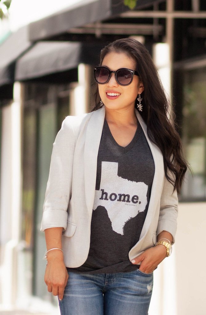 cute & little blog | petite fashion | the home t | texas state tee, gray blazer, distressed jeans | summer casual friday work outfit