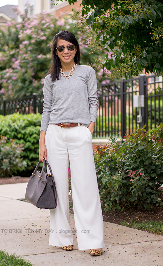 statement chain necklace, gray sweater, white pants, leopard pumps