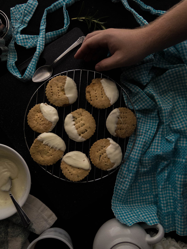 White Chocolate Dipped Rosemary Shortbread Cookies