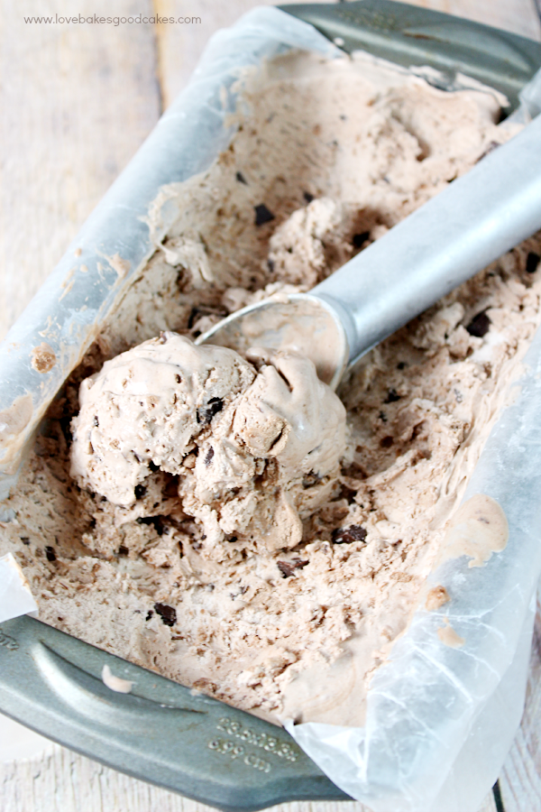 Chocolate Cake Batter Ice Cream with Chocolate Chunks in a pan with an ice cream scoop.