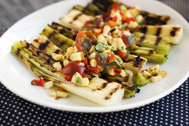 Grilled Leeks with Spicy Grilled Corn Salsa