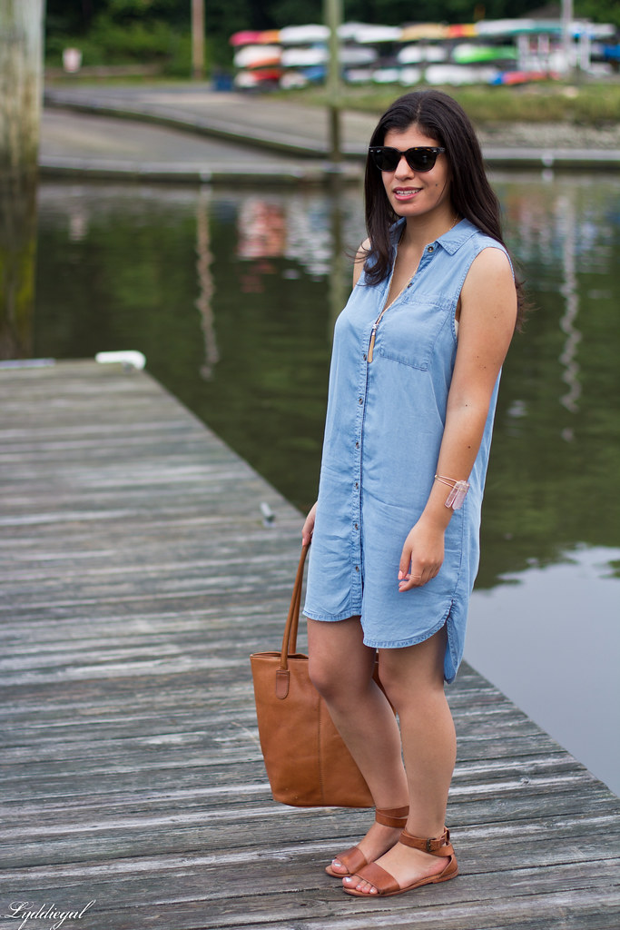 chambray dress, brown leather tote and sandals-1.jpg