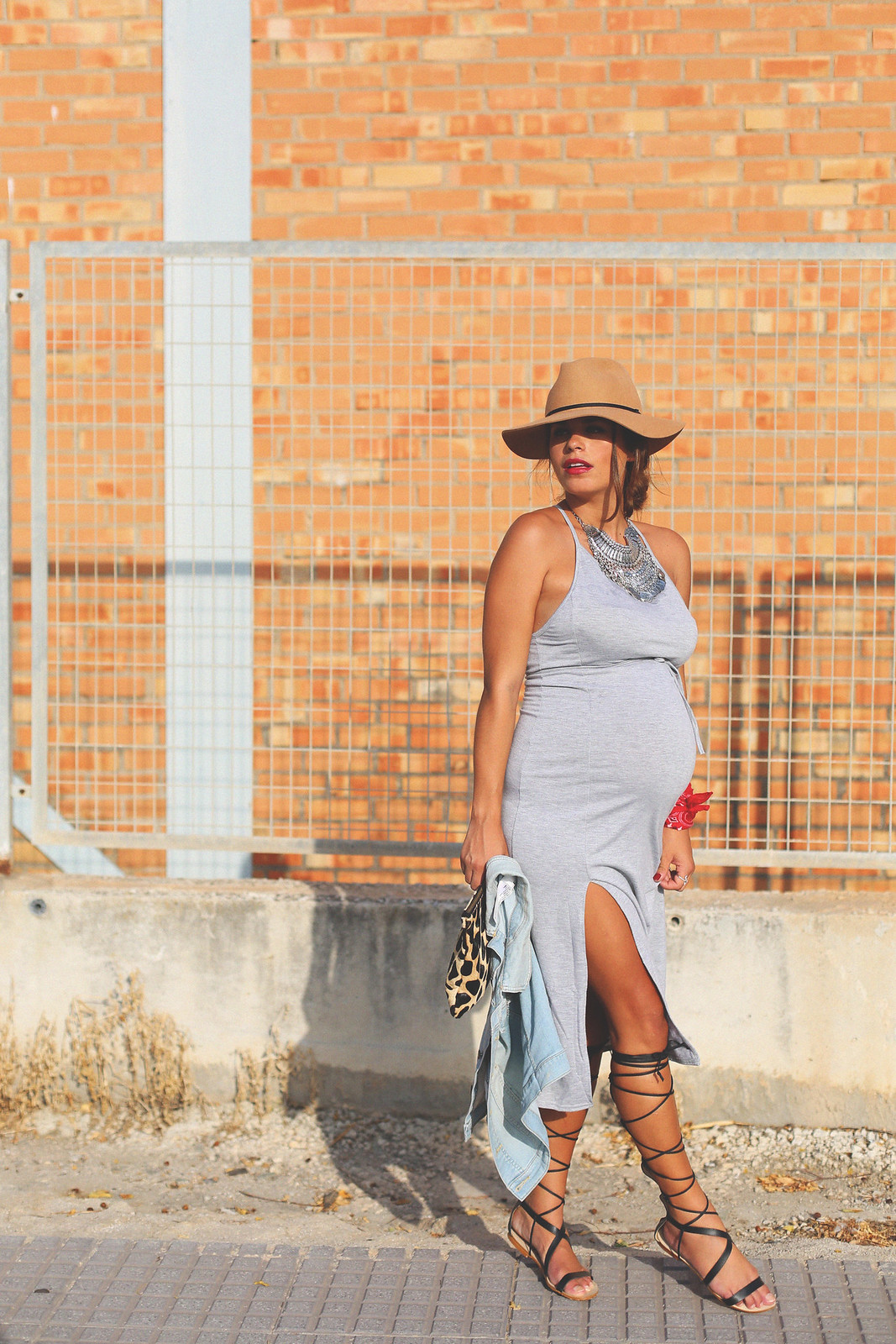 11. long grey bodycon dress denim vest gladiator sandals - jessie chanes - pregnancy
