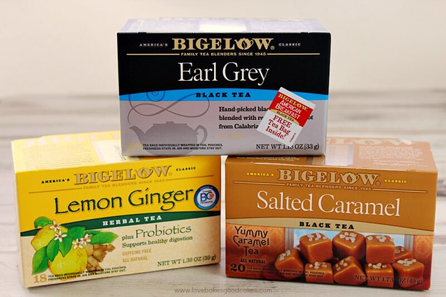 Three boxes of Bigelow tea varieties.
