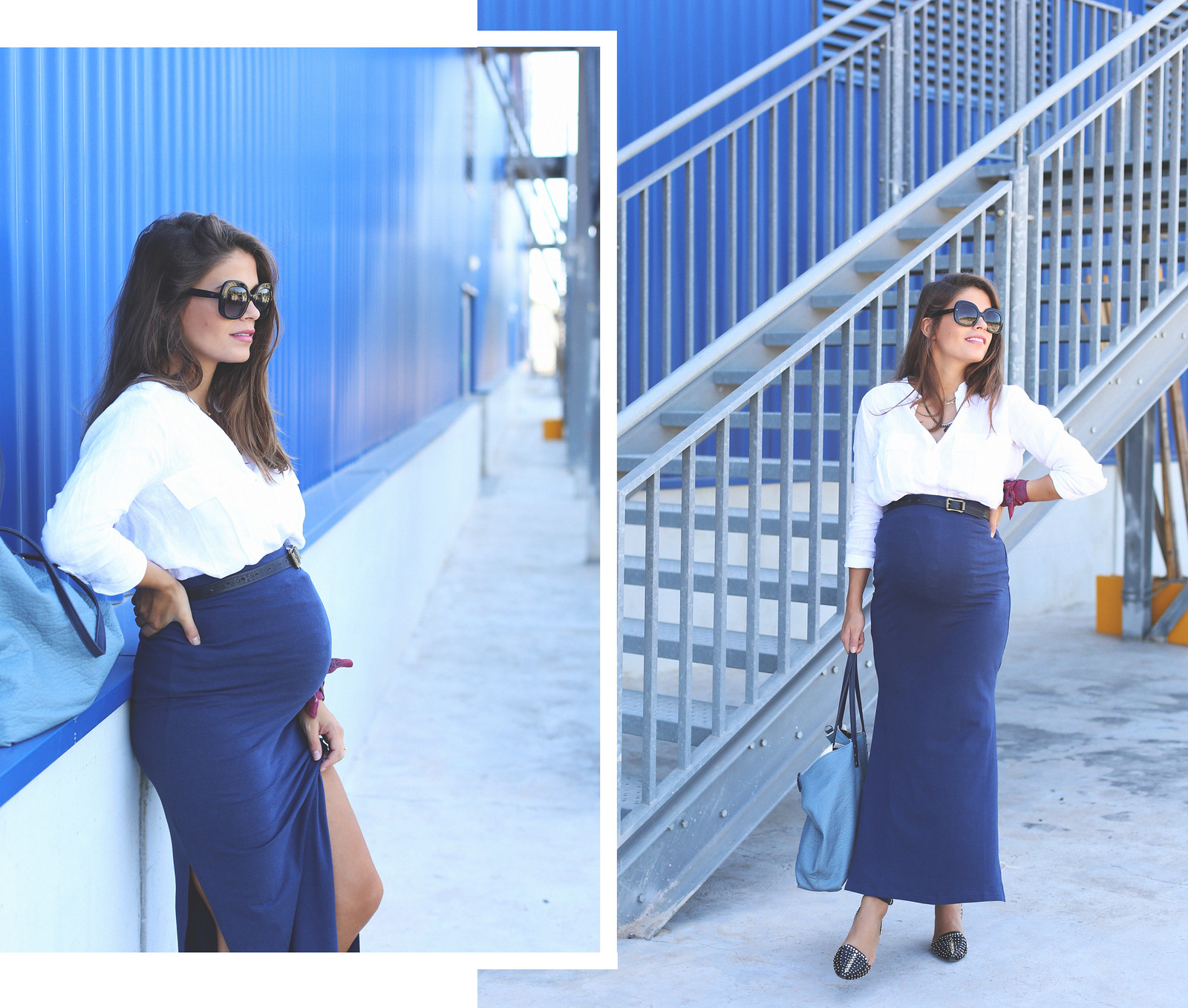 1. blue long pencil skirt white linen shirt - jessie chanes - pregnancy
