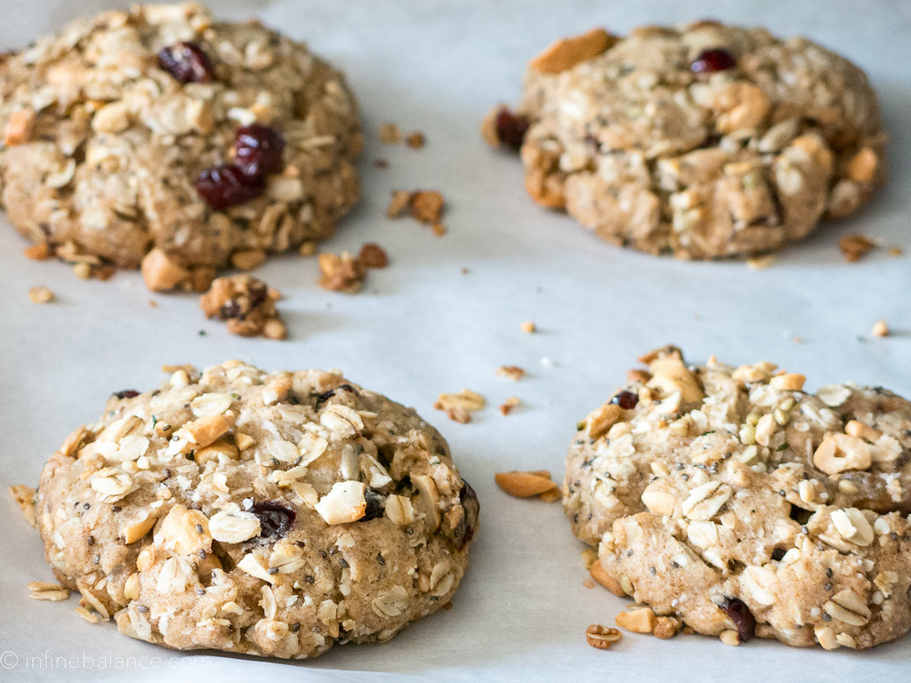 cashew and cranberry big breakfast cookies on a baking try