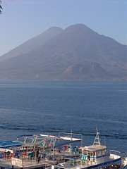 Volcano Toliman in front of Volcano Atitlan, from Panajachel, Lake Atitlan