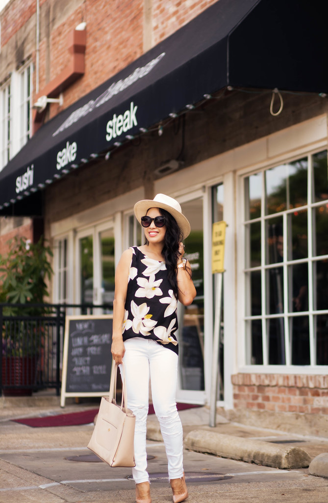 cute & little blog | black floral sleeveless top, white distressed jeans, nude tote, louboutin so kate pumps | spring summer outfit