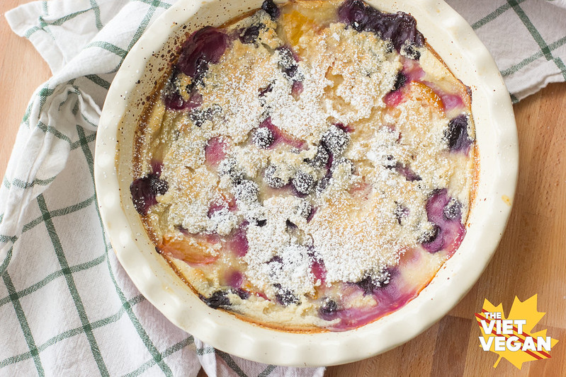Vegan Golden Plum and Blueberry Clafoutis | The Viet Vegan | Take any of your favourite summer fruits and make this creamy, custardy tart that's a wonderful way to wrap up a summer dinner