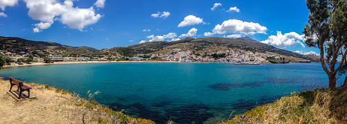 2015 andros cyclades ellada greece summer trip panorama panoramique sea bay batsi mpatsi mountains shoreline shore sky hellas bench