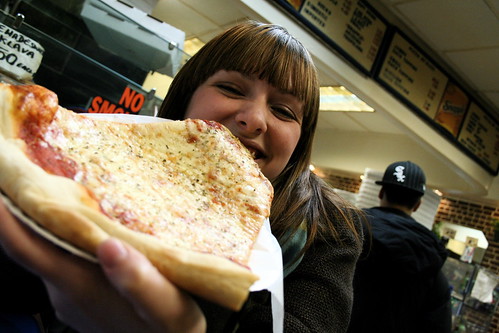 girl eating cheese pizza in Las Vegas