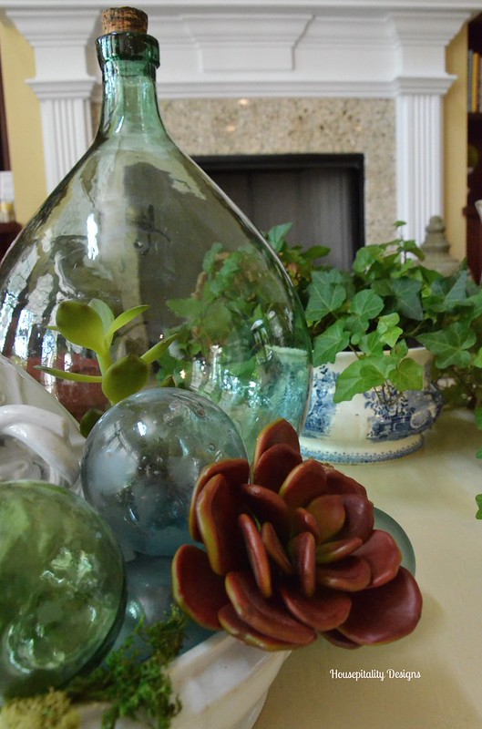 French demijohn/Ironstone bowl with vintage fishing floats-Housepitality Designs