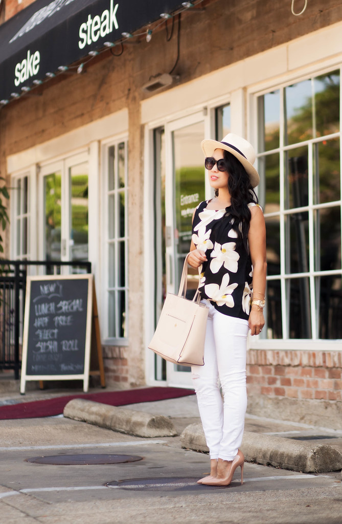 cute & little blog | black floral sleeveless top, white distressed jeans, nude tote, baublebar sunshower drop earrings, louboutin so kate pumps | spring summer outfit