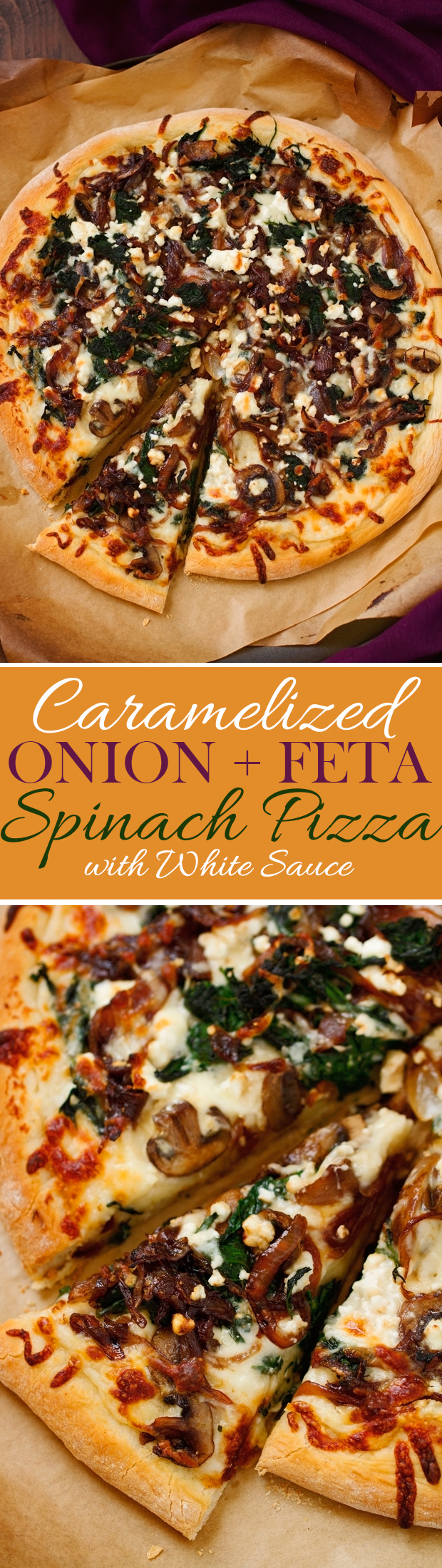 Caramelized Onion Feta Spinach Pizza with creamy white sauce! This pizza tastes like you ordered it at a fancy restaurant But it's simple to make at home! #pizza #caramelizedonions #spinachpizza #greekpizza | Littlespicejar.com @Littlespicejar