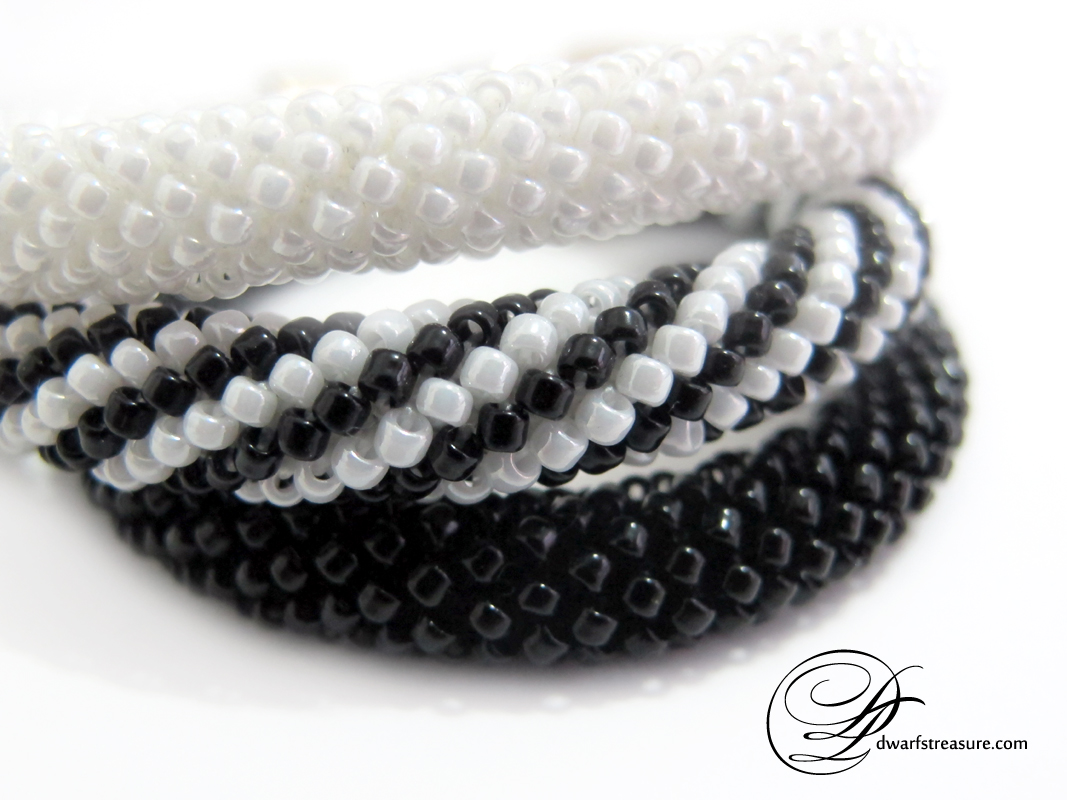 Exclusive custom made black & white glass bead crochet bracelets