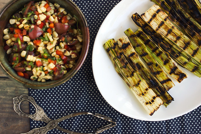 Grilled Leeks with Spicy Grilled Corn Salsa