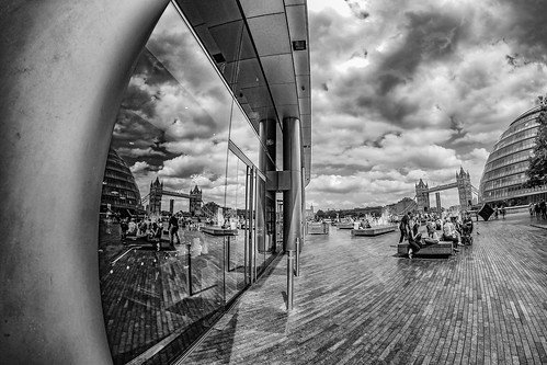 city bridge sky people urban blackandwhite bw cloud reflection building london tower window glass monochrome lines skyline architecture outdoor cityhall horizon iconic simonandhiscamera